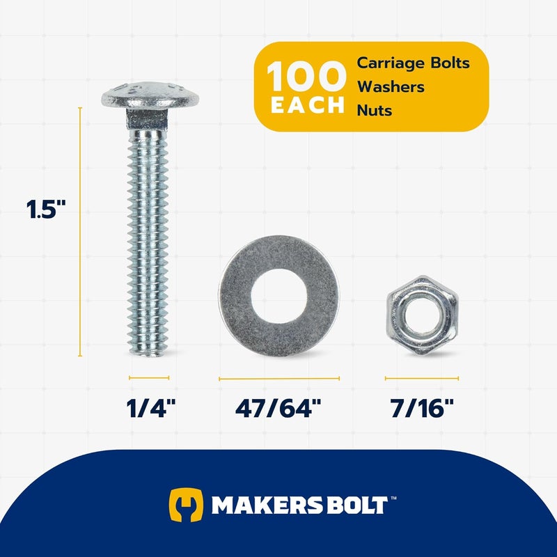 MAKERS BOLT 1/4" x 1-1/2" (100 Pack) Zinc Carriage Bolt Kit, Grade 307A by - Image 2